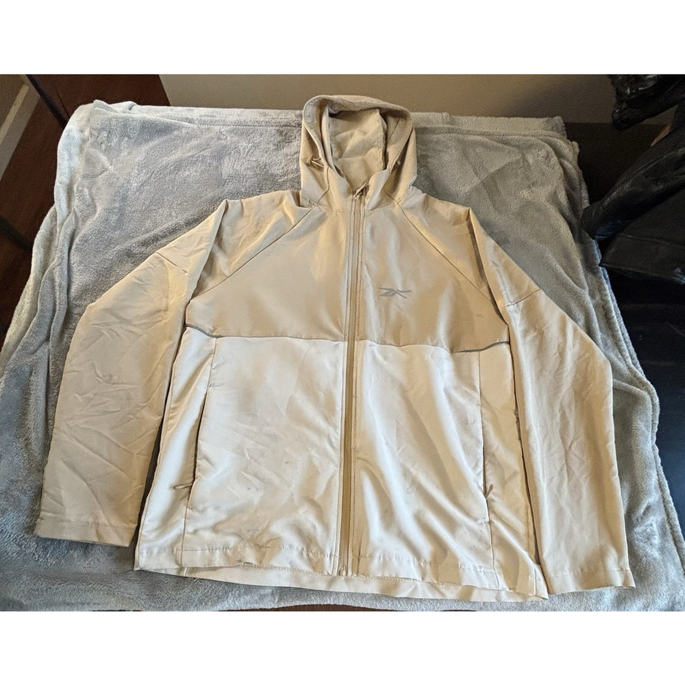 Reebok Mens Windbreaker Fleece Jacket Hooded White Beige Full Zip Pocket Size L